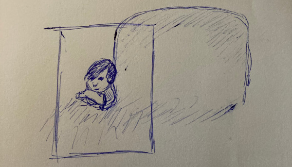 Sketch of Boy beside tombstone 